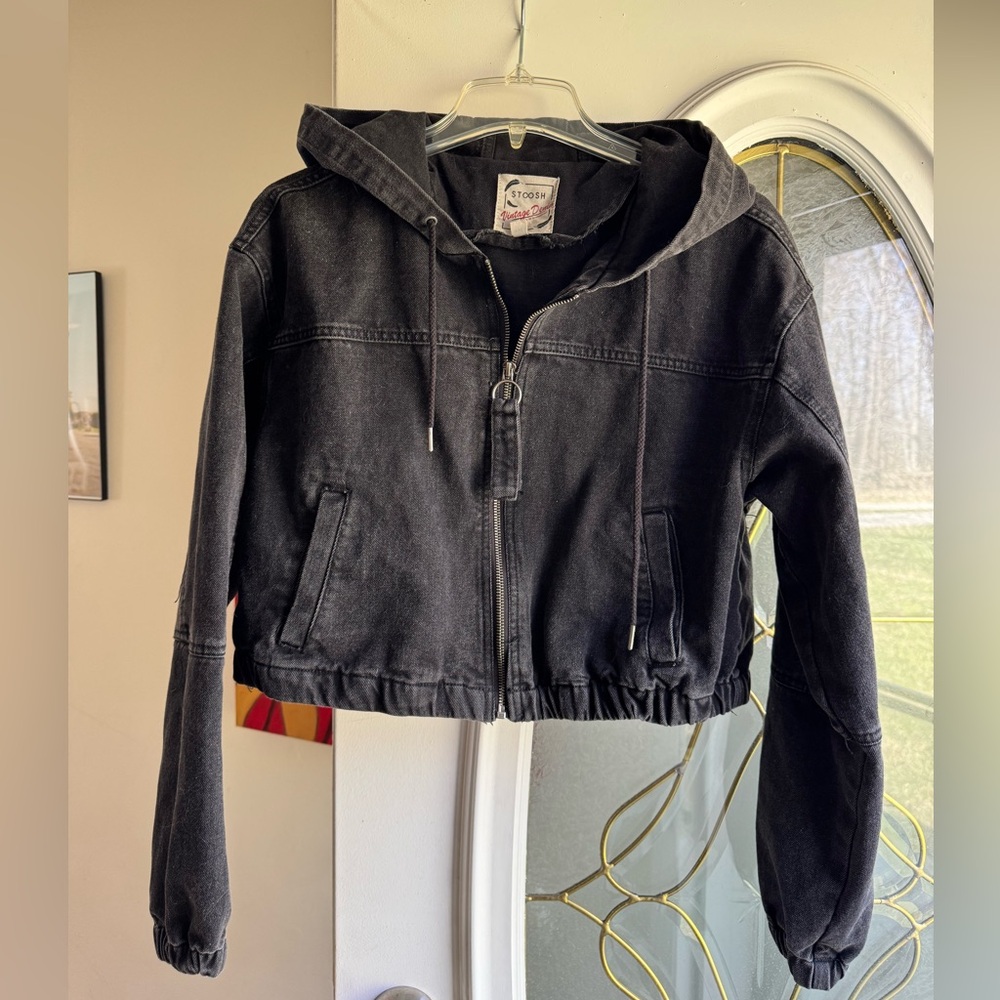 Stoosh Cropped Hooded Black Denim Jacket
